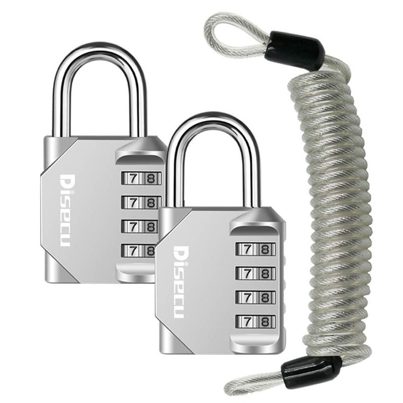 Disecu 2 Pack disecu 4 Digit Combination Lock, Outdoor Waterproof Padlock with Steel Cable for School Gym Locker, Helmet, Gate, Fence, Luggage (Silver) - Image 1